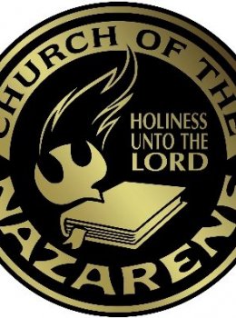 A gold and black seal that says Church of the Nazarene: Holiness Unto the Lord with a dove, a flame, and a Bible