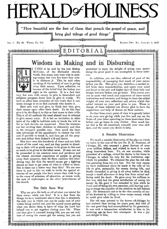 Title Page of Herald of Holiness - January 8, 1919