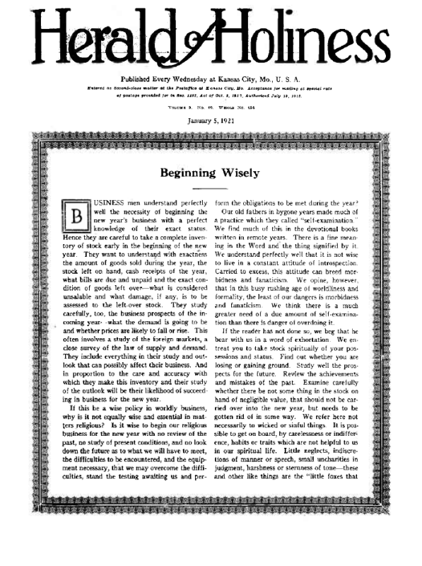 Title Page of Herald of Holiness - January 5, 1921
