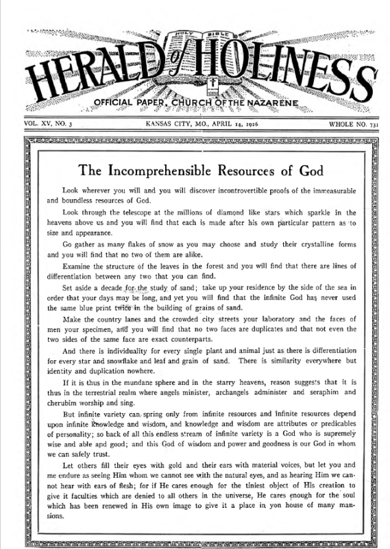 Front page of Herald of Holiness - April 14, 1926
