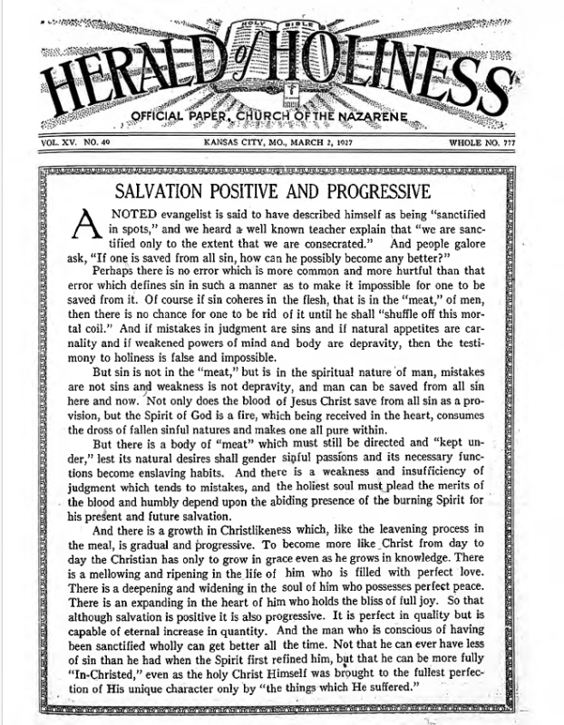 Front page of Herald of Holiness - March 2, 1927