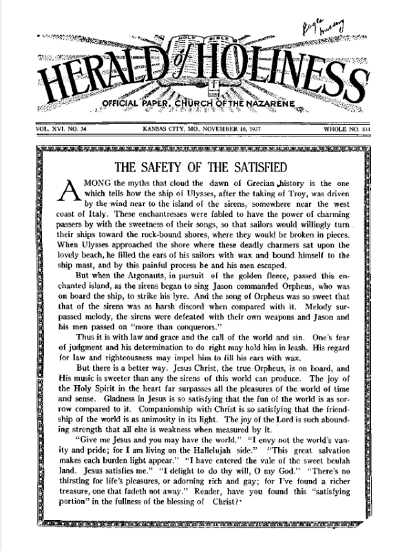 Front page of Herald of Holiness - November 16, 1927