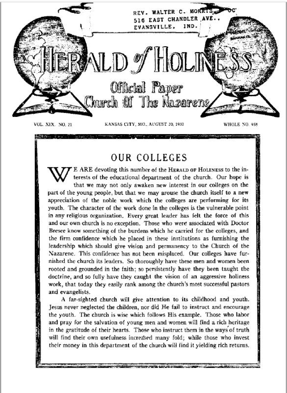 Front page of Herald of Holiness - August 20, 1930