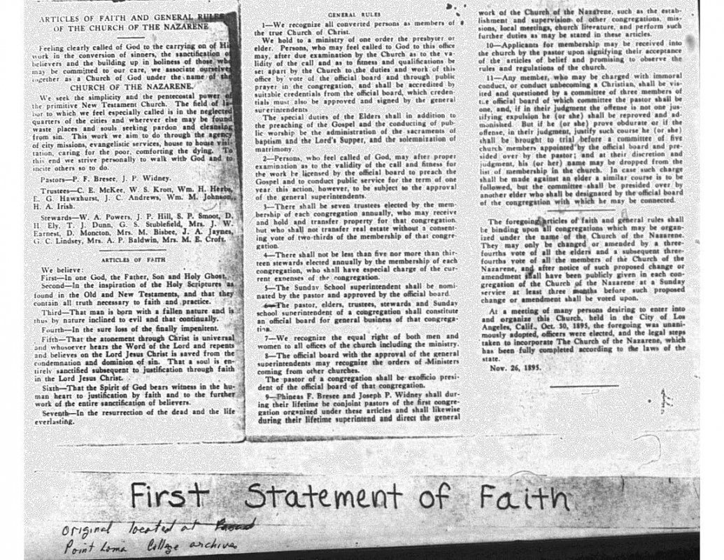 First Statement of Faith of the Church of the Nazarene Los Angeles-1895