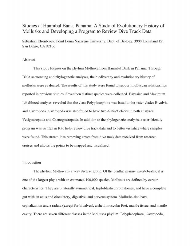 Studies at Hannibal Bank, Panama: A Study of Evolutionary History of Mollusks and Developing a Program to Review Dive Track Data