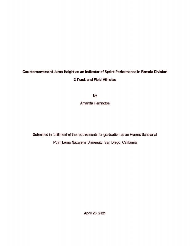 Countermovement Jump Height as an Indicator of Sprint Performance in Female Division 2 Track and Field Athletes
