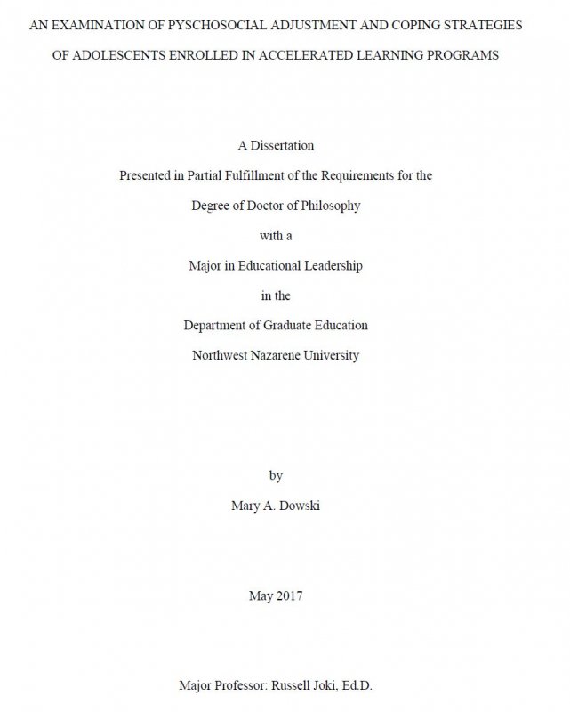 An examination of psychosocial adjustment and coping strategies of adolescents enrolled in accelerated learning programs